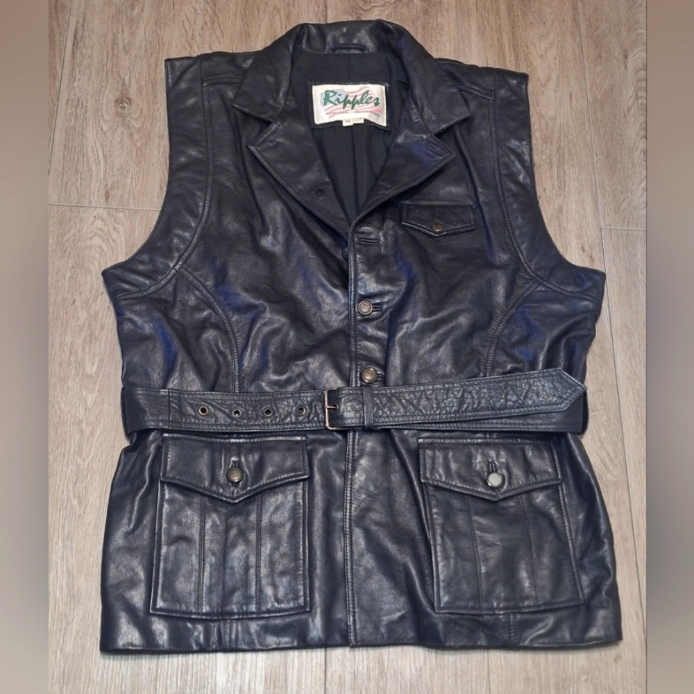 Leather Belted  Vest  Ripples Brand Vintage 90's Thick Lined Motorcycle Men's M